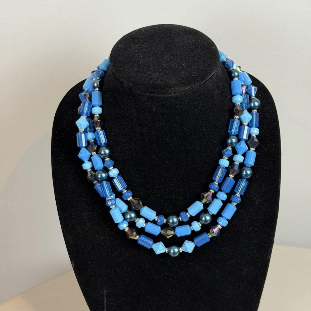 Vintage West Germany Blue Lucite Bead 3 Strand Necklace AB Crystal Box Clasp